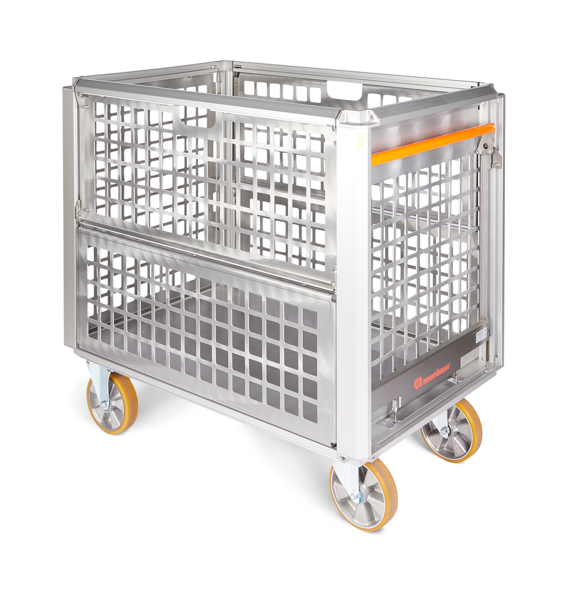 RTE RC Mesh Transport Box with fold down panel left, 2 x drum brake, 2 x swivel castor, H=1150